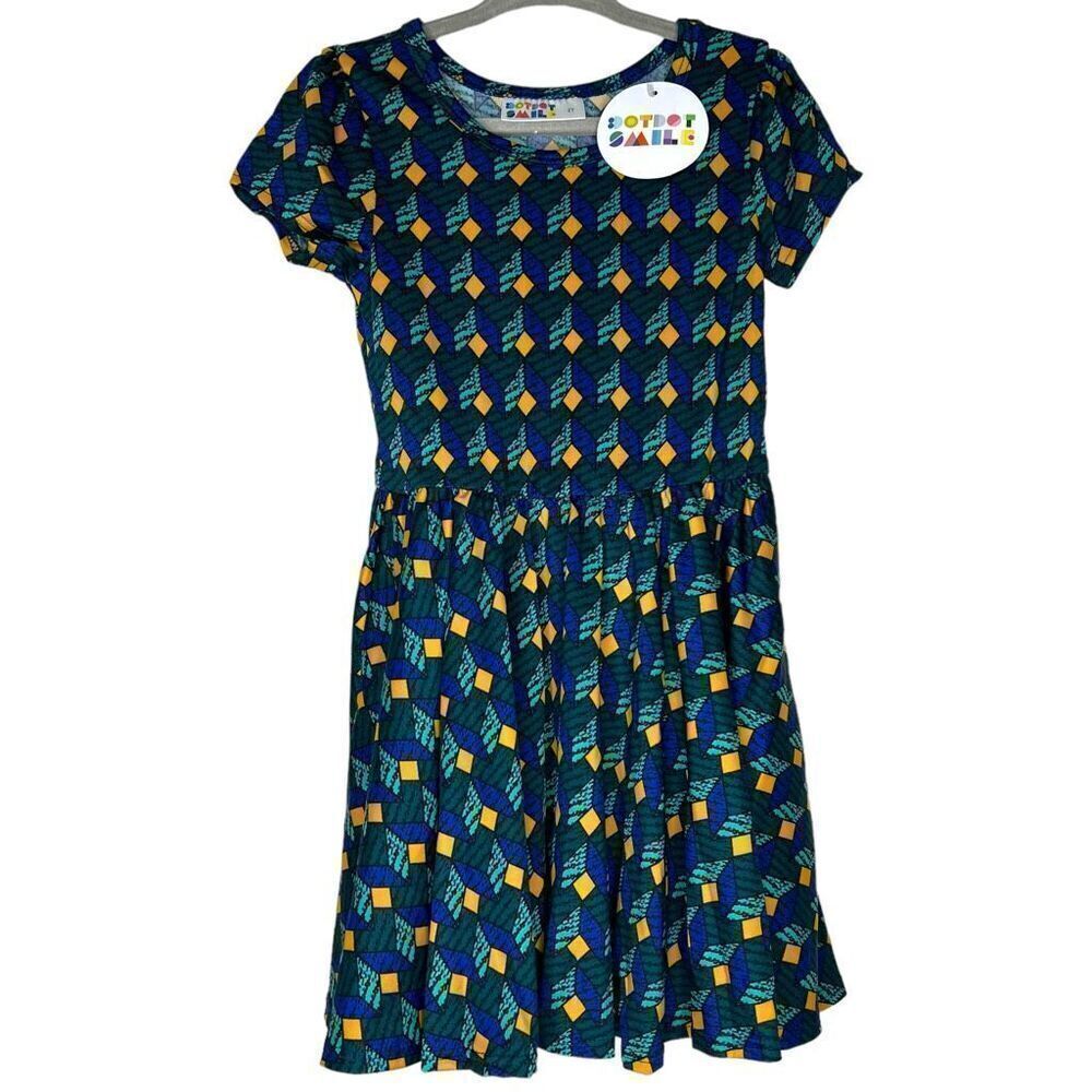 NEW Dot Dot Smile Teal and Blue Geometric Cap Sleeve Dress 2T